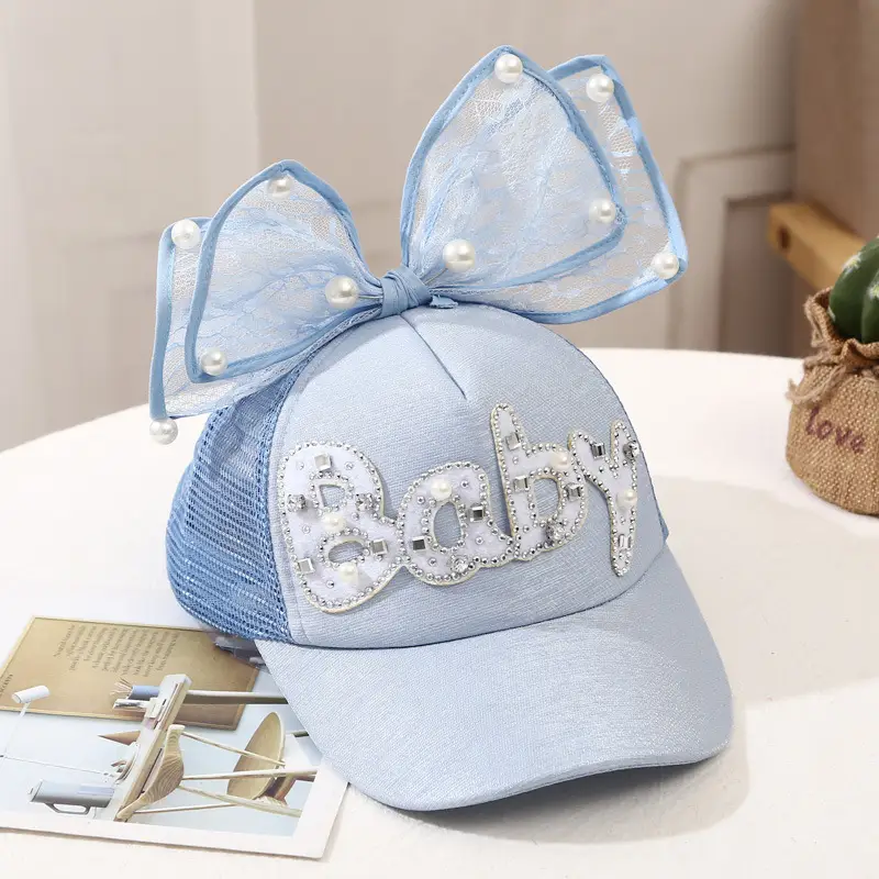 Girls Korean Style Blue Pearl Bow Sun Hat - Image 10