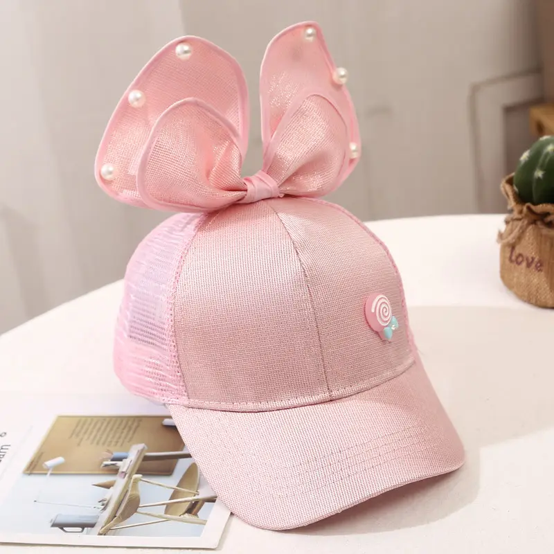 Girls Korean Style Blue Pearl Bow Sun Hat - Image 11