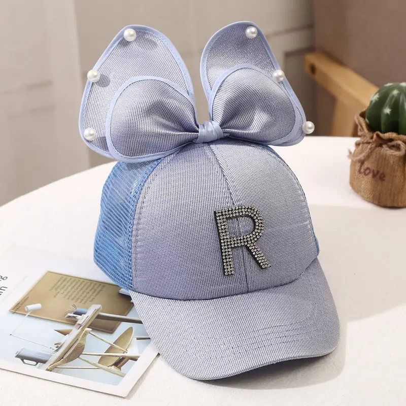 Girls Korean Style Blue Pearl Bow Sun Hat - Image 12