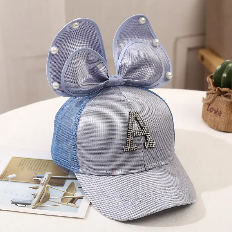 Girls Korean Style Blue Pearl Bow Sun Hat - Image 21