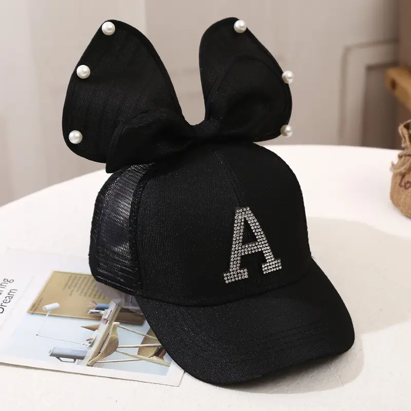Girls Korean Style Blue Pearl Bow Sun Hat - Image 3