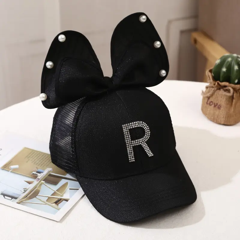Girls Korean Style Blue Pearl Bow Sun Hat - Image 4