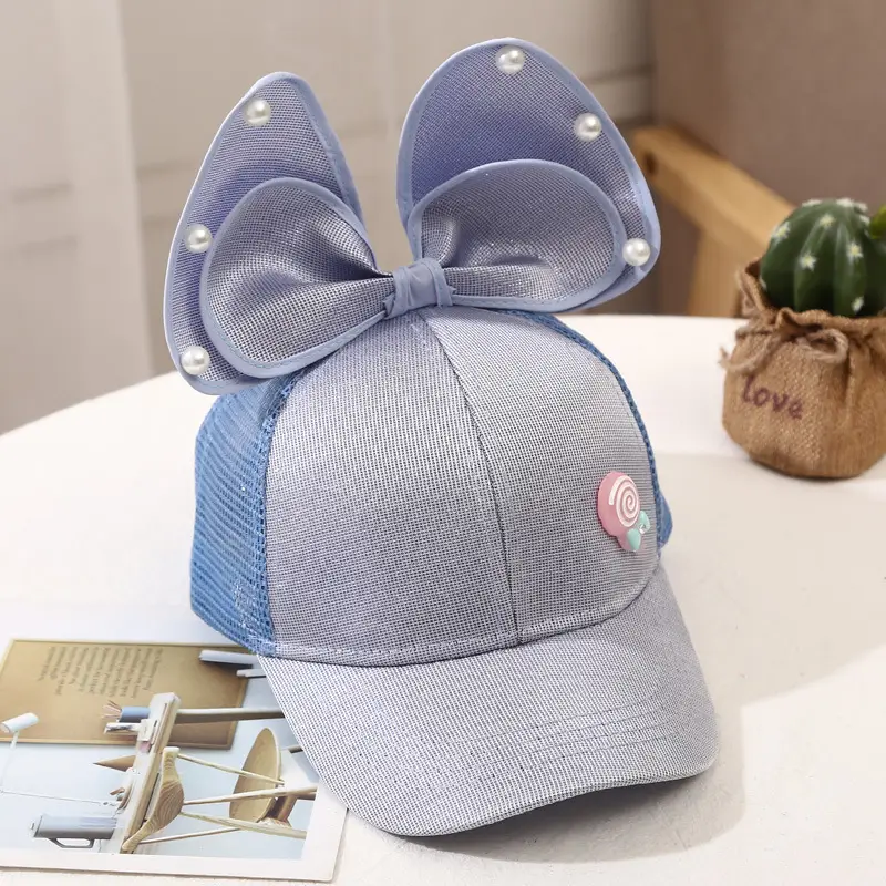 Girls Korean Style Blue Pearl Bow Sun Hat - Image 6