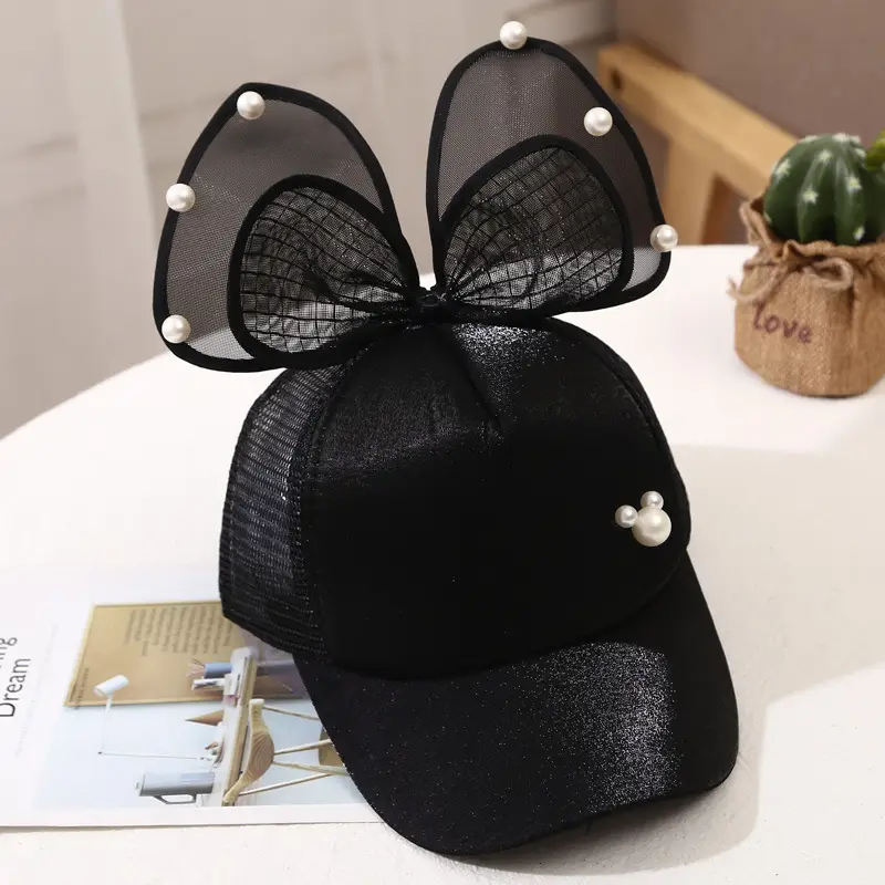 Girls Korean Style Blue Pearl Bow Sun Hat - Image 9