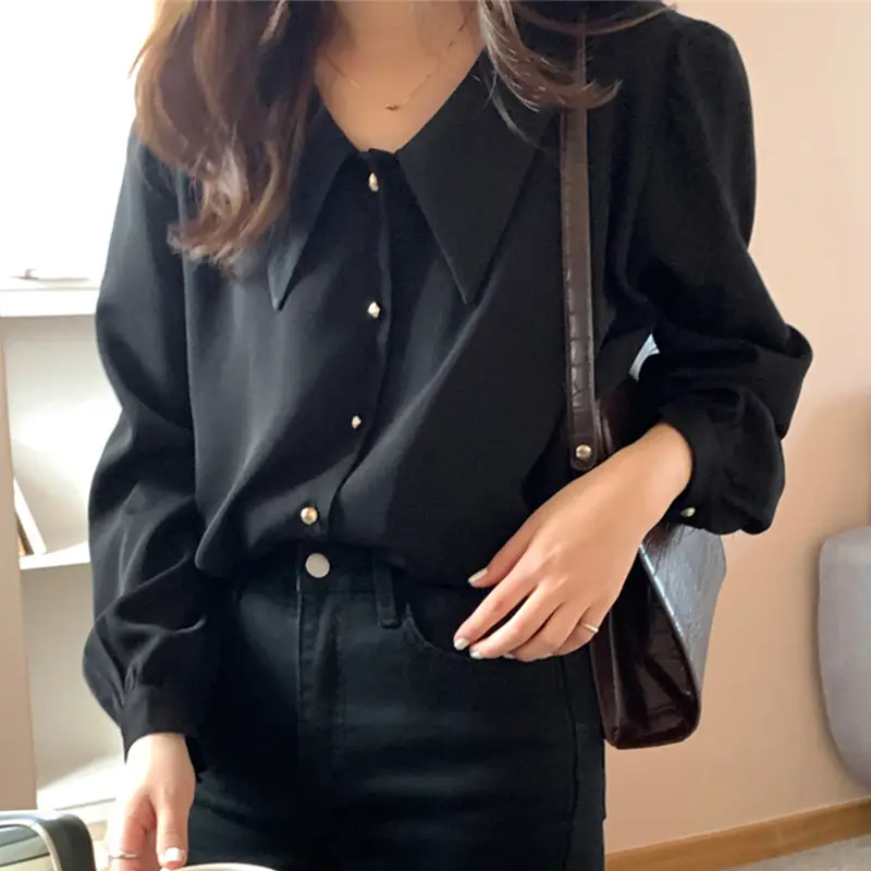 Black Pointed Collar Shirt with Long Sleeves