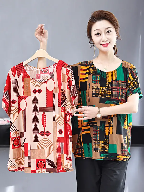 Middle-aged Eldering Bat Sleeve T-Shirt Silk Summer - Image 20