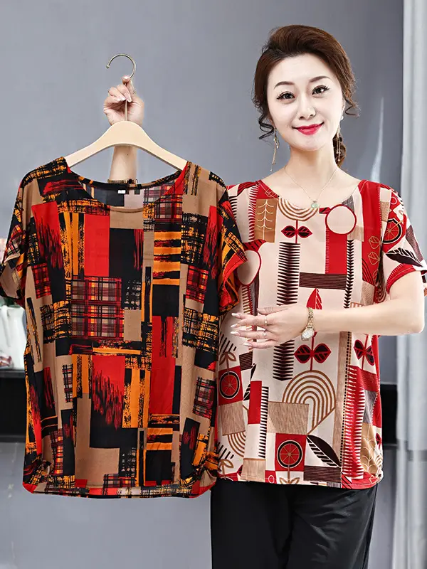 Middle-aged Eldering Bat Sleeve T-Shirt Silk Summer - Image 21