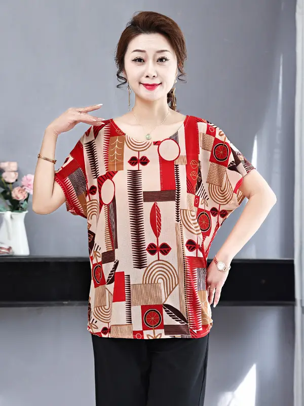 Middle-aged Eldering Bat Sleeve T-Shirt Silk Summer - Image 22
