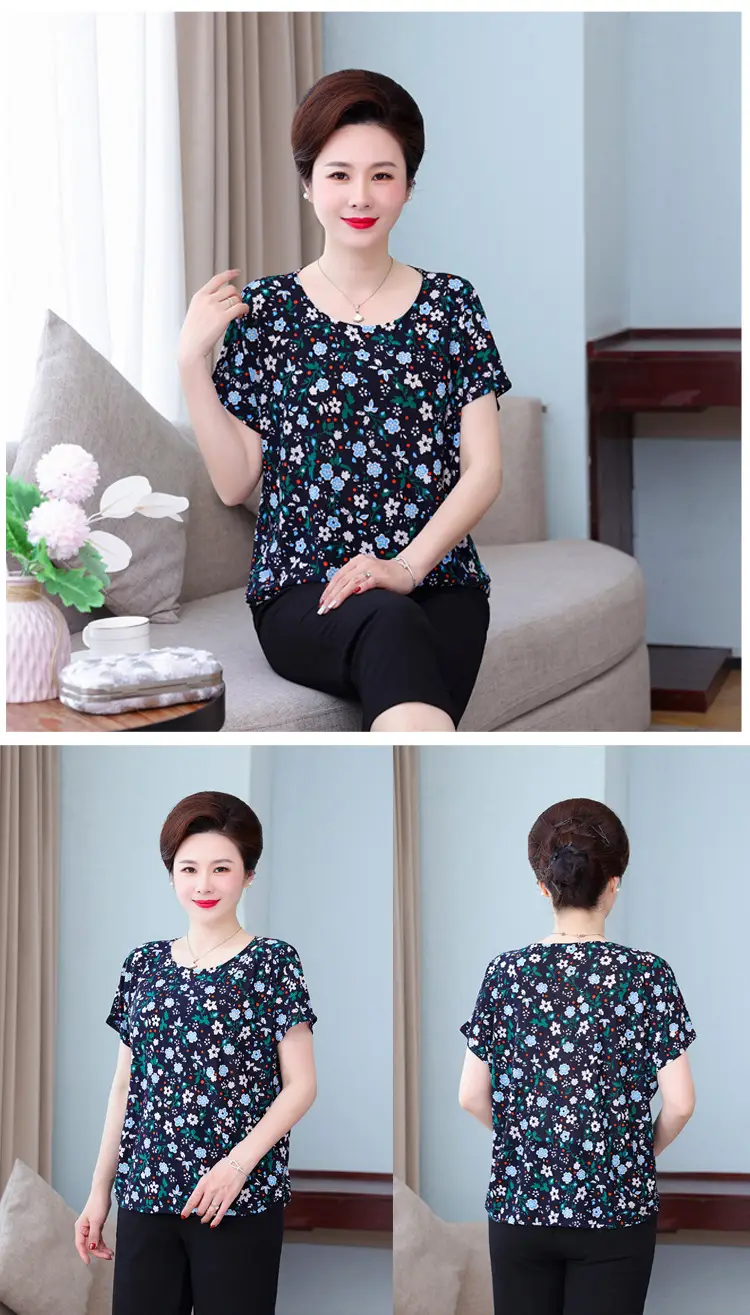 Middle-aged Eldering Bat Sleeve T-Shirt Silk Summer — feature 25