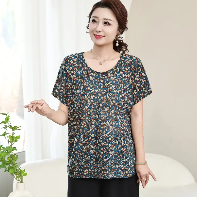 Middle-aged Eldering Bat Sleeve T-Shirt Silk Summer - Image 12