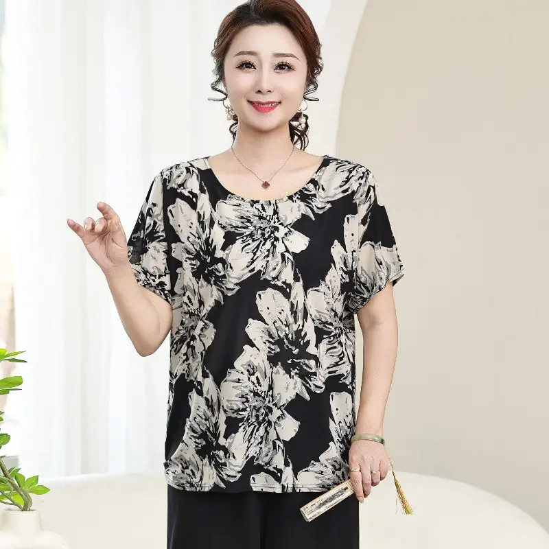 Middle-aged Eldering Bat Sleeve T-Shirt Silk Summer - Image 14