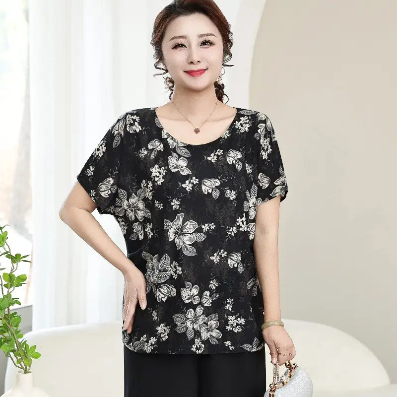 Middle-aged Eldering Bat Sleeve T-Shirt Silk Summer - Image 15