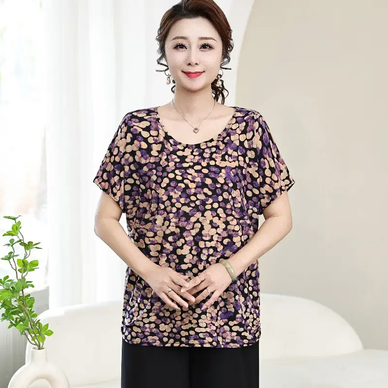 Middle-aged Eldering Bat Sleeve T-Shirt Silk Summer - Image 17