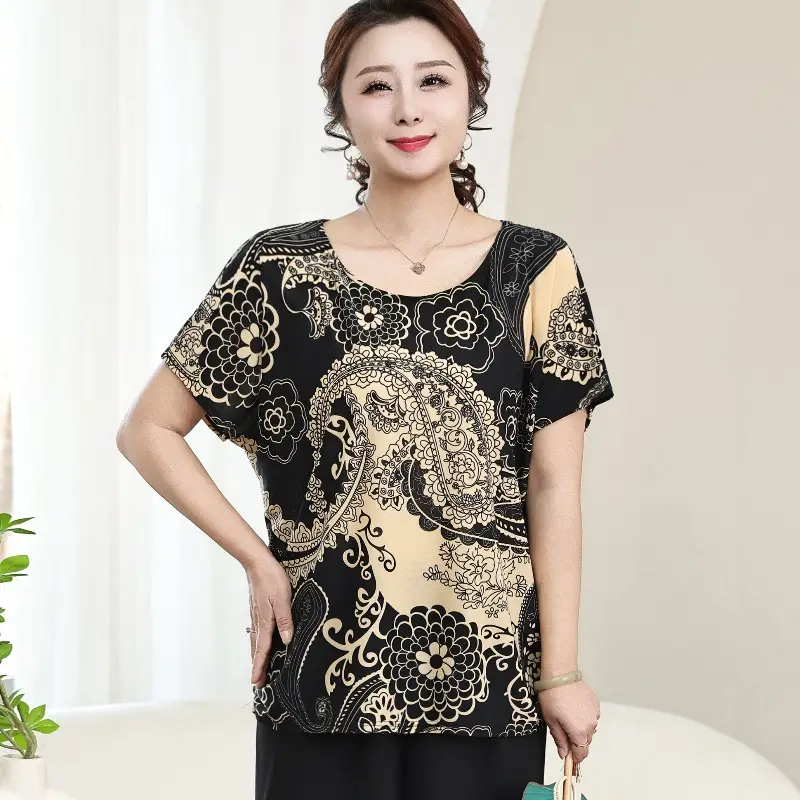 Middle-aged Eldering Bat Sleeve T-Shirt Silk Summer - Image 2