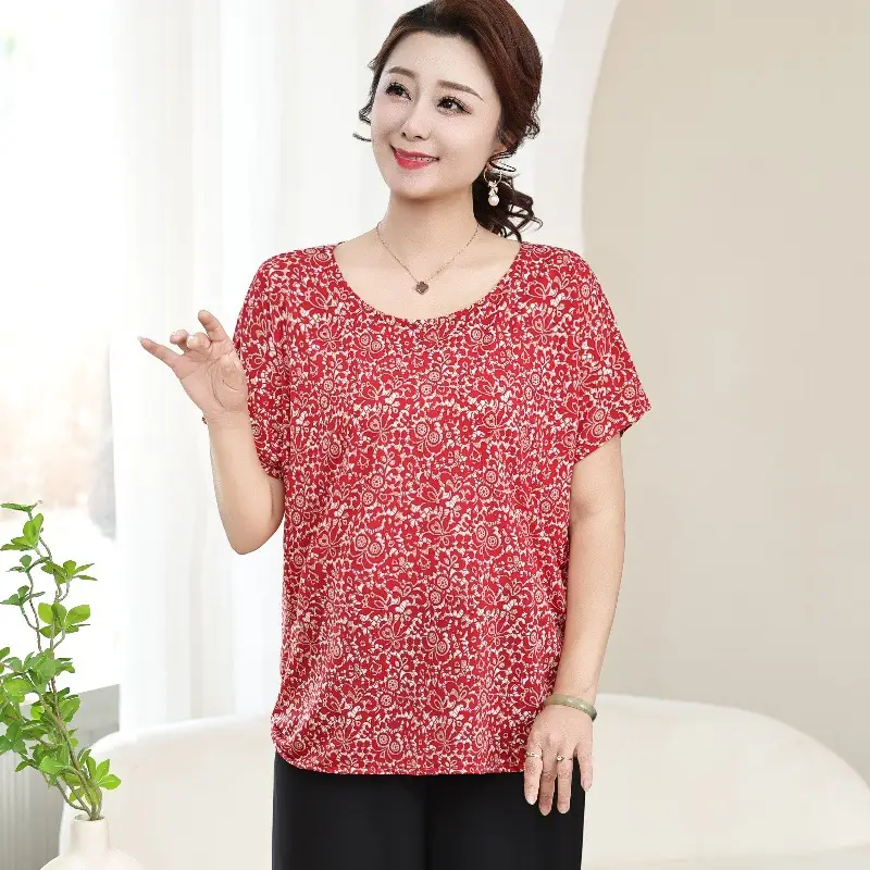 Middle-aged Eldering Bat Sleeve T-Shirt Silk Summer - Image 3