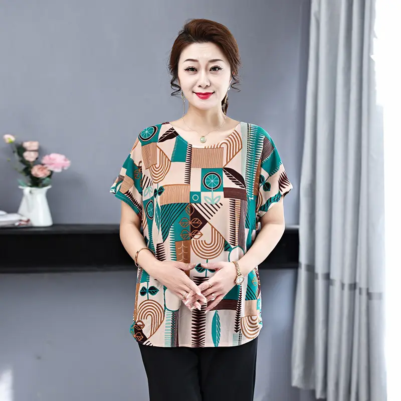 Middle-aged Eldering Bat Sleeve T-Shirt Silk Summer - Image 6