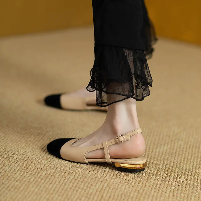 Women Low Heel Sandals Black Beige Flat - Image 4