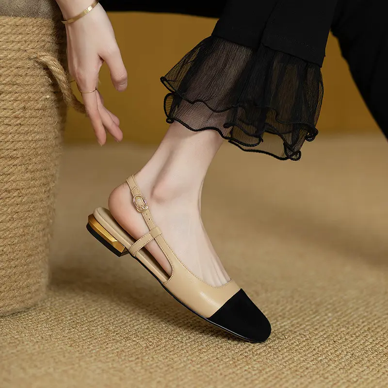 Women Low Heel Sandals Black Beige Flat - Image 6