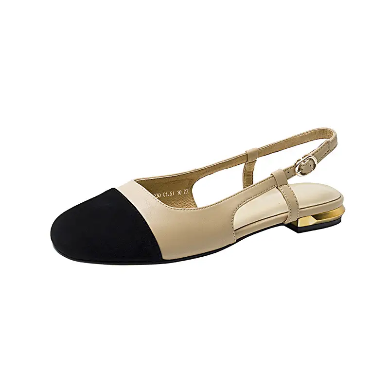 Women Low Heel Sandals Black Beige Flat - Image 7