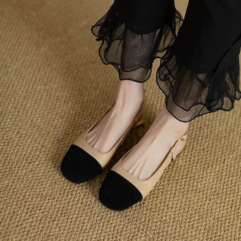 Women Low Heel Sandals Black Beige Flat — feature 9