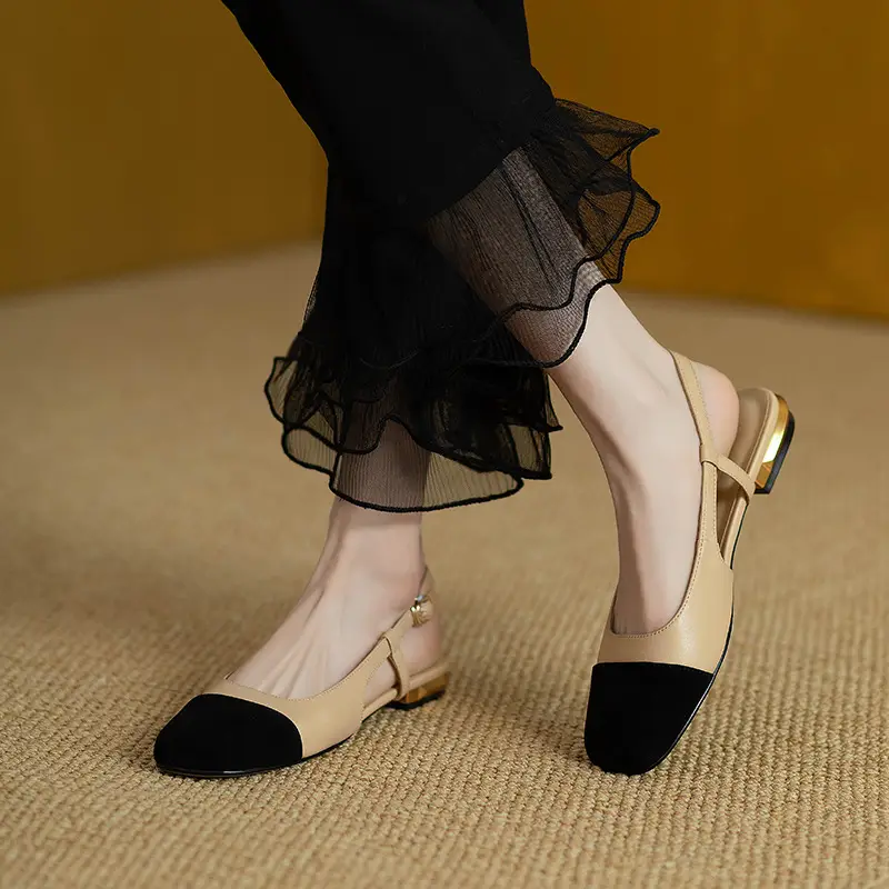 Women Low Heel Sandals Black Beige Flat - Image 2