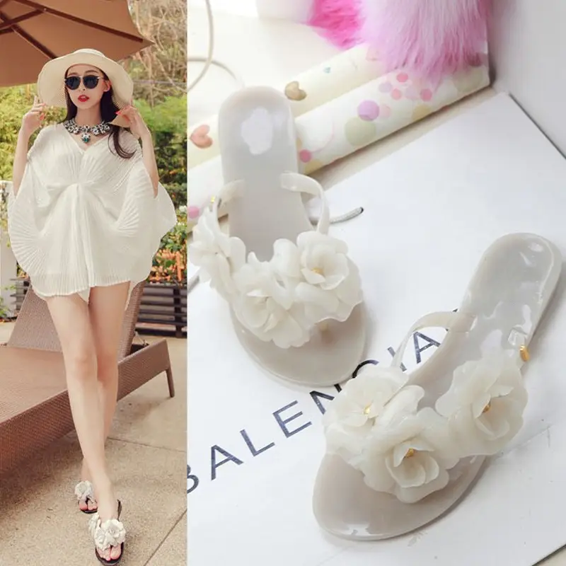 Jelly Camellia Flats for Women Non-Slip Beach Sandals
