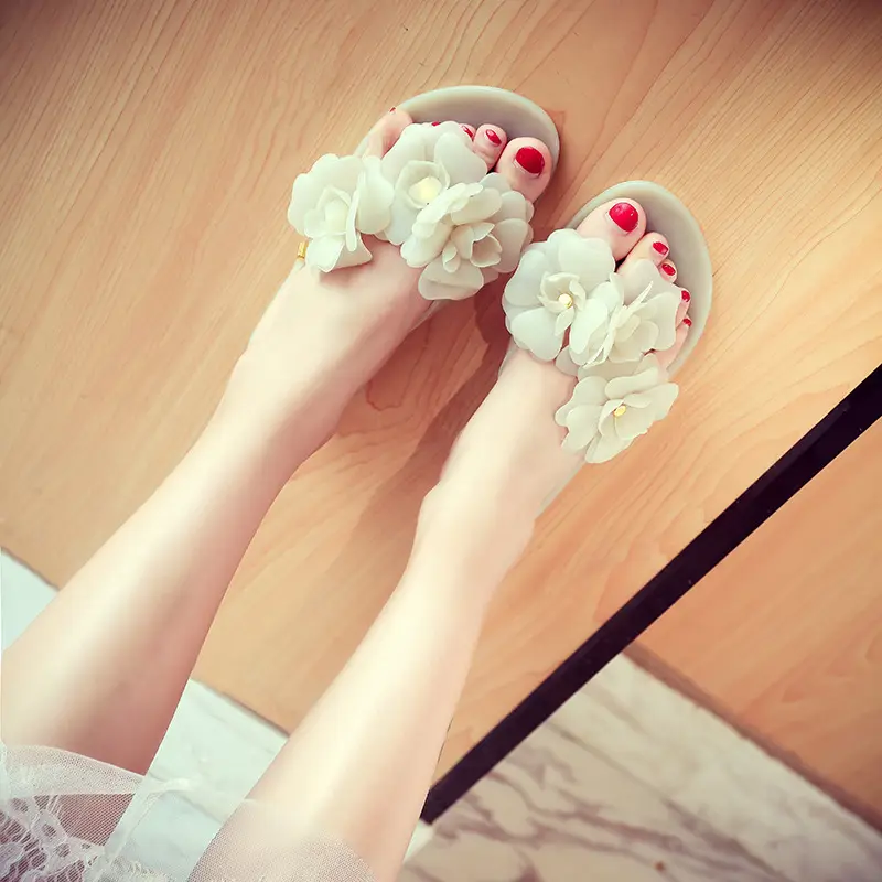 Jelly Camellia Flats for Women Non-Slip Beach Sandals