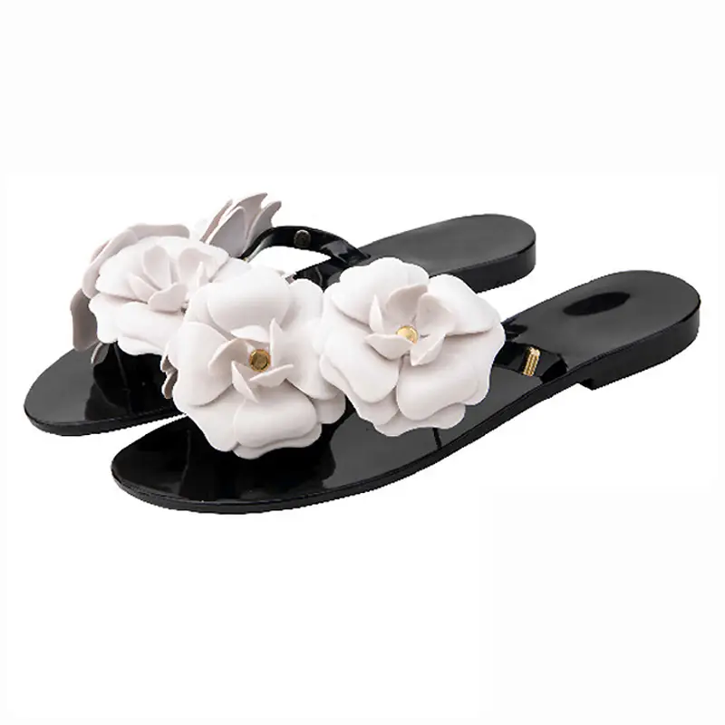 Jelly Camellia Flats for Women Non-Slip Beach Sandals