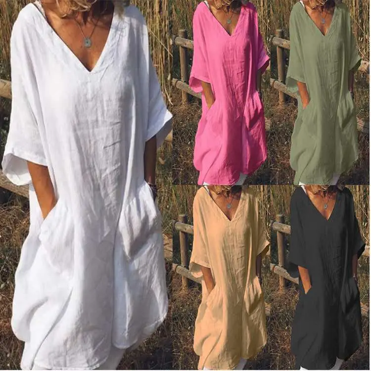 2022 V-Neck Cotton Linen Dress Large - Image 6