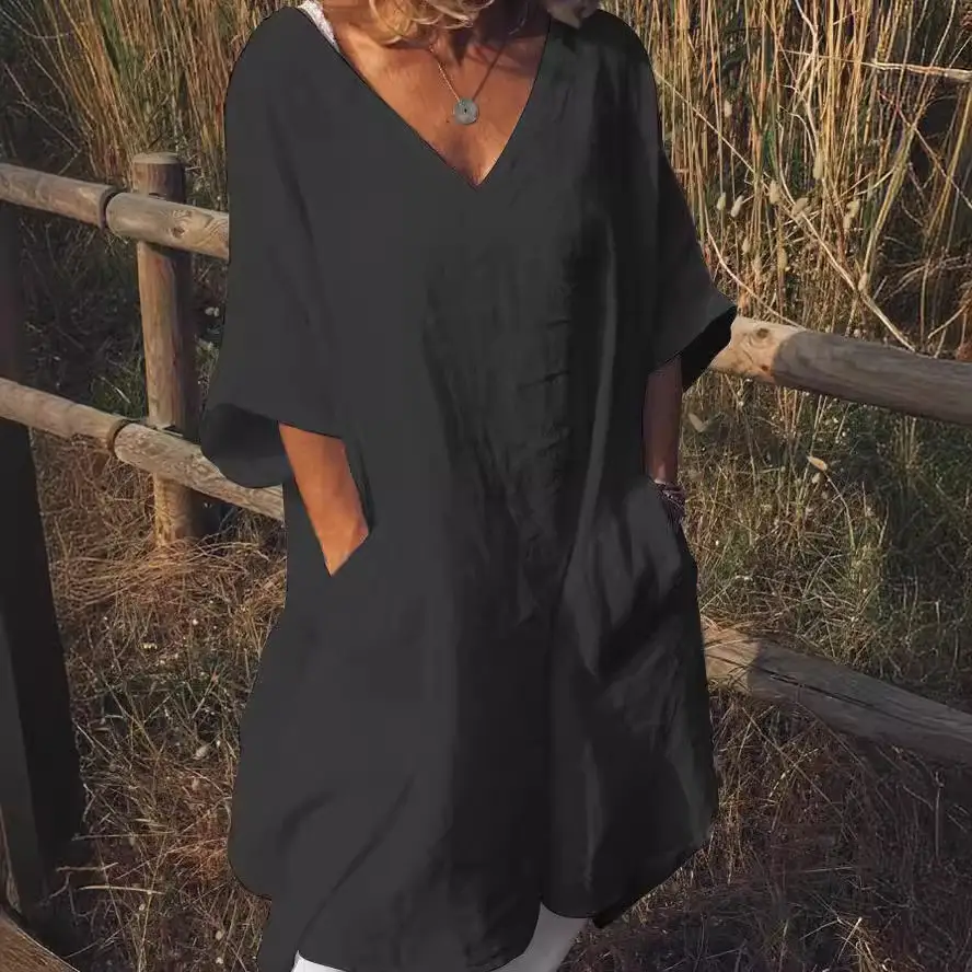 2022 V-Neck Cotton Linen Dress Large - Image 7