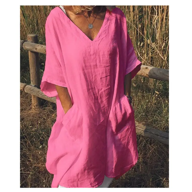 2022 V-Neck Cotton Linen Dress Large - Image 9