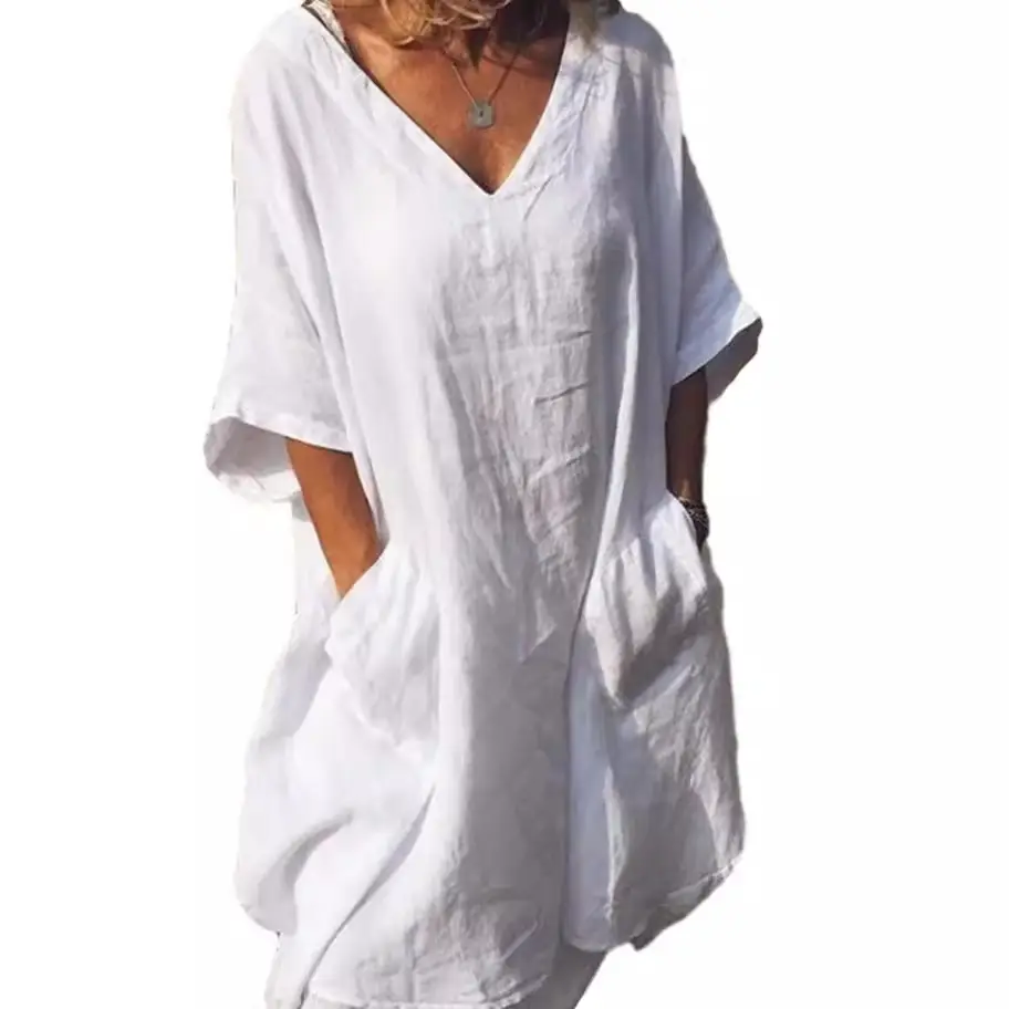 2022 V-Neck Cotton Linen Dress Large - Image 10