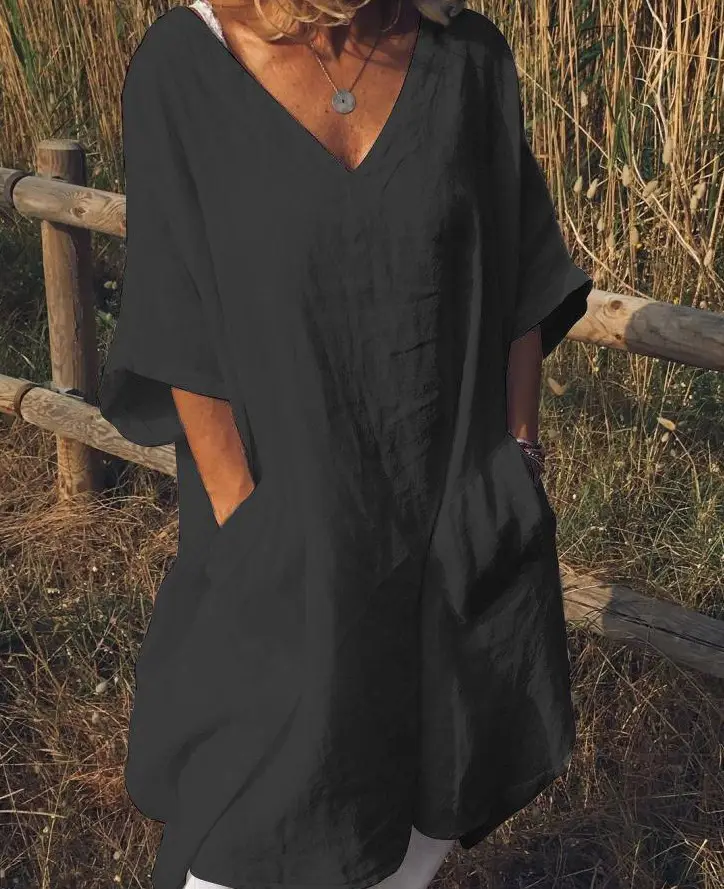 2022 V-Neck Cotton Linen Dress Large - Image 3