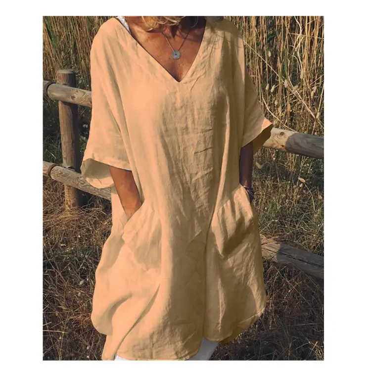 2022 V-Neck Cotton Linen Dress Large - Image 4