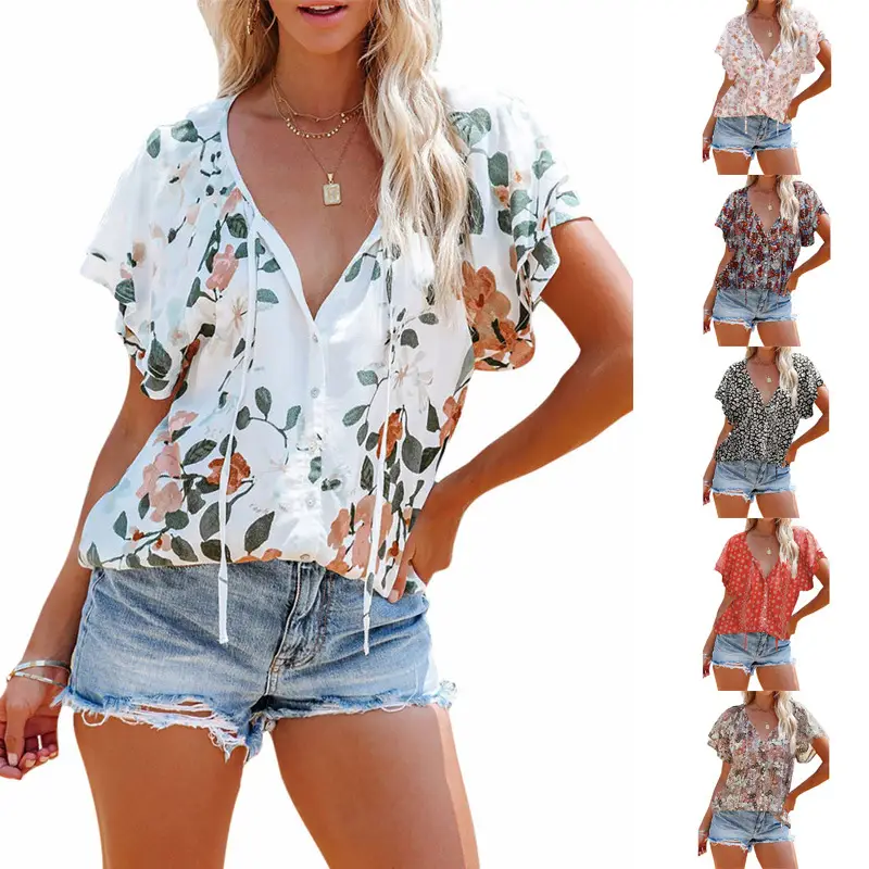 2025 Printed V-Neck Short Sleeve Top for Women - Image 7