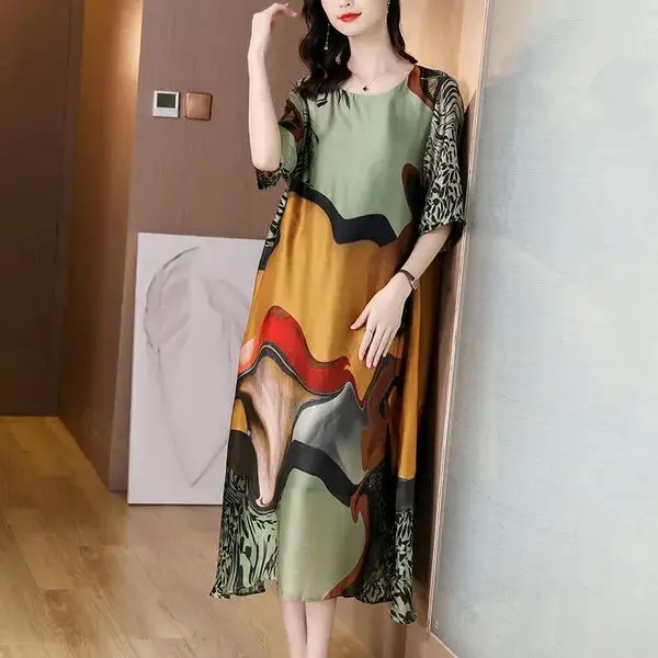 Women Printed Mid-Length Loose Straight Dress Plus Size Summer New - Image 2