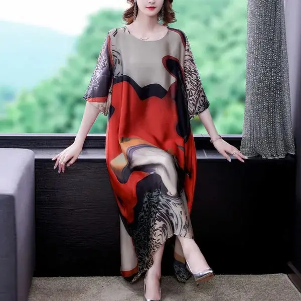 Women Printed Mid-Length Loose Straight Dress Plus Size Summer New - Image 5