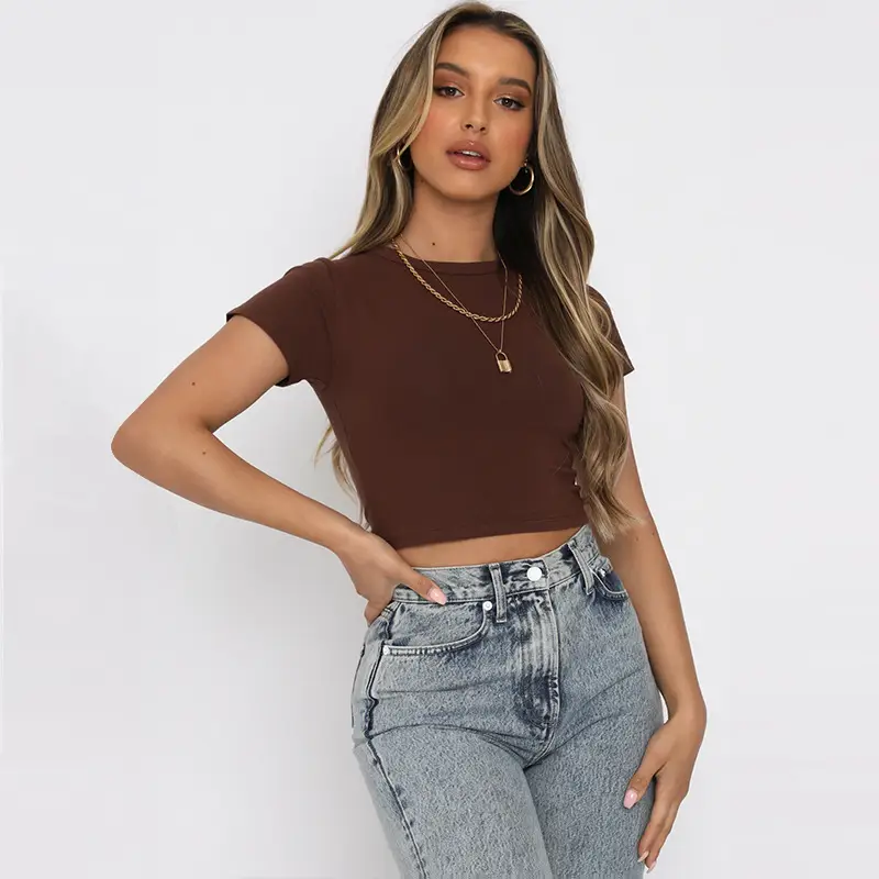 Black Cotton Elastic Slim Crewneck T-Shirt for Women - Image 3