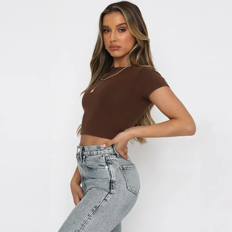 Black Cotton Elastic Slim Crewneck T-Shirt for Women - Image 4
