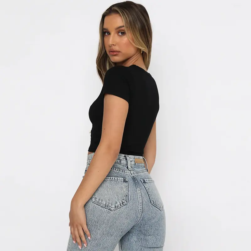 Black Cotton Elastic Slim Crewneck T-Shirt for Women - Image 5