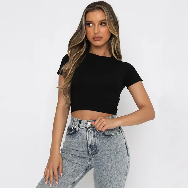 Black Cotton Elastic Slim Crewneck T-Shirt for Women - Image 6