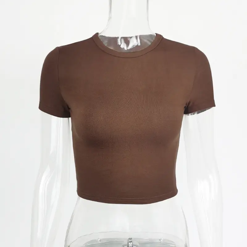 Black Cotton Elastic Slim Crewneck T-Shirt for Women - Image 2