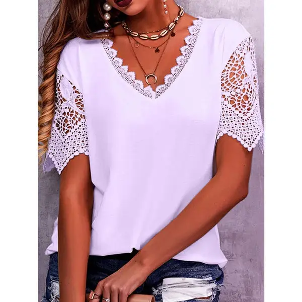 2023 White Lace V-Neck Short Sleeve T-Shirt for Women - Image 3