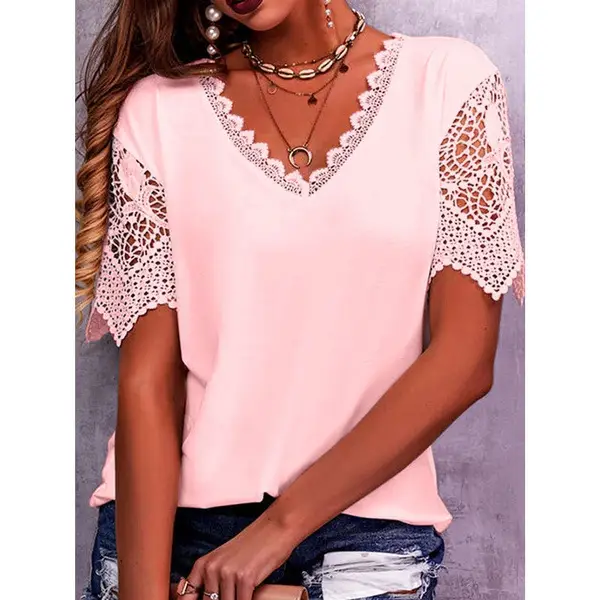 2023 White Lace V-Neck Short Sleeve T-Shirt for Women - Image 4