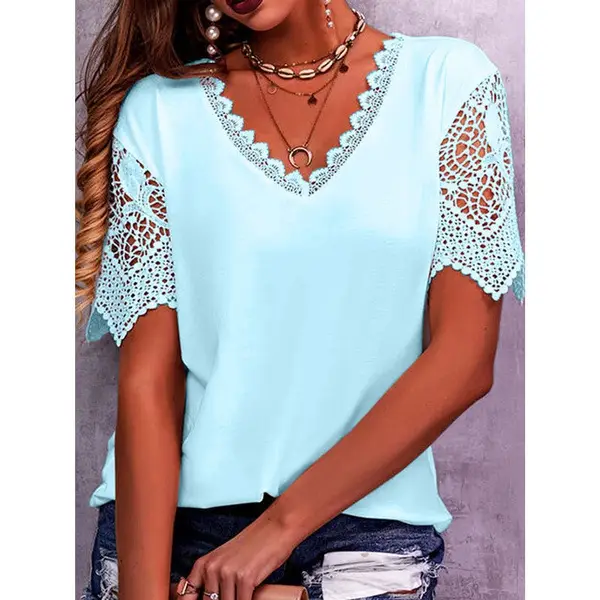 2023 White Lace V-Neck Short Sleeve T-Shirt for Women - Image 2