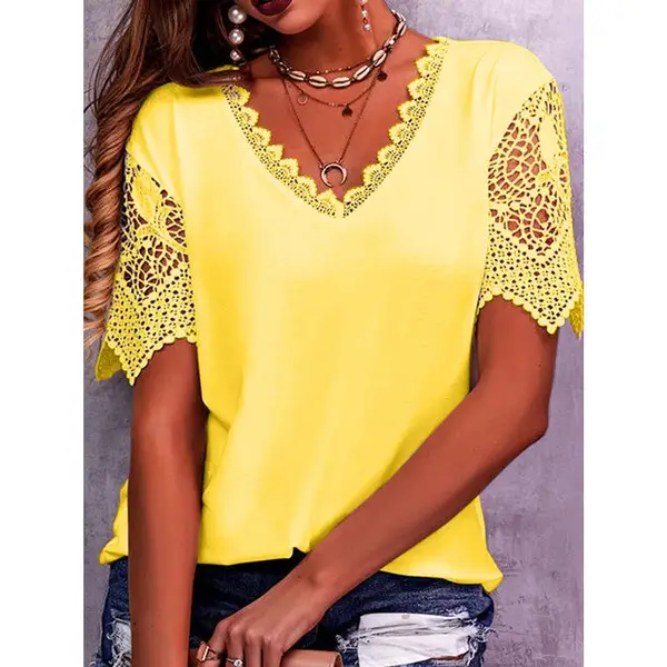 2023 White Lace V-Neck Short Sleeve T-Shirt for Women - Image 5