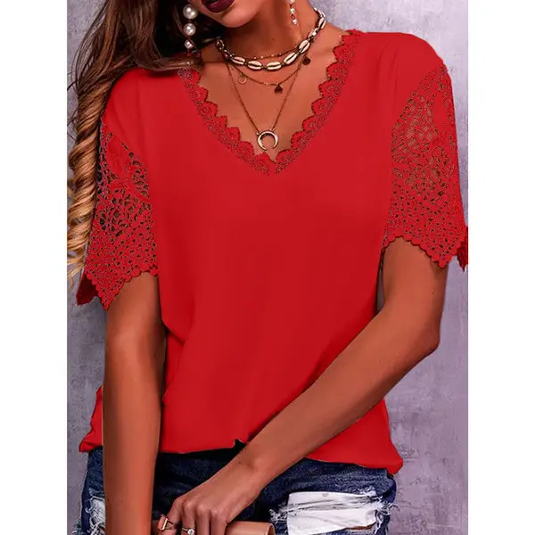 2023 White Lace V-Neck Short Sleeve T-Shirt for Women - Image 6