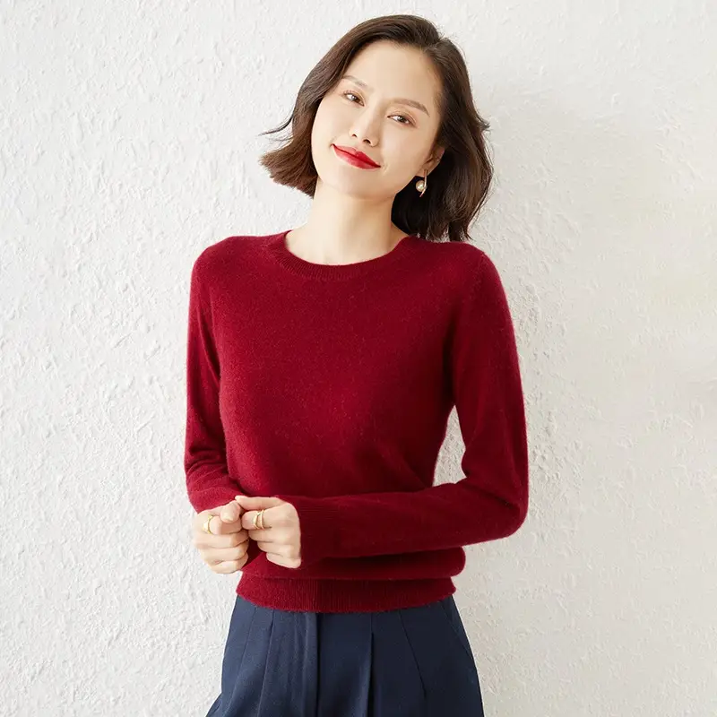 Blue Low Round Neck Long Sleeve Women's Sweater - Image 12