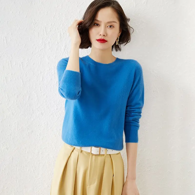Blue Low Round Neck Long Sleeve Women's Sweater - Image 13