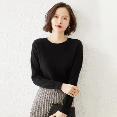 Blue Low Round Neck Long Sleeve Women's Sweater - Image 2